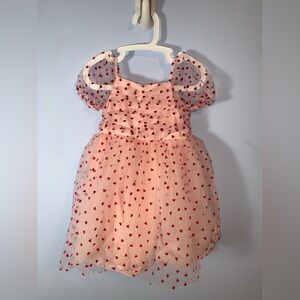 Pink Dress with Red velvet Hearts puff sleeves tulle ruched size 3/4t party